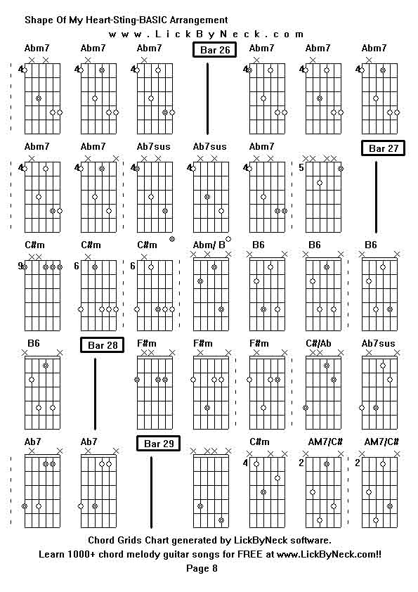 Chord Grids Chart of chord melody fingerstyle guitar song-Shape Of My Heart-Sting-BASIC Arrangement,generated by LickByNeck software.